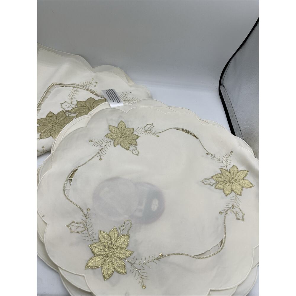 Trim A Home Poinsettia Lace Cutwork Placemats Set 6 Round 16" Runner AS-IS